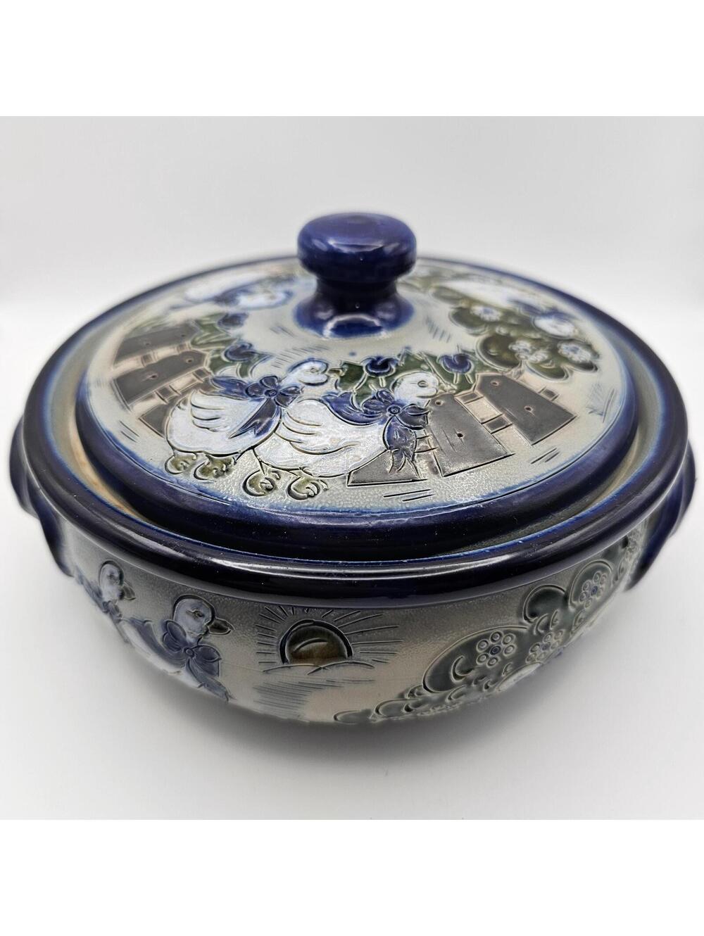 Vintage Handmade Studio Pottery Lidded Dish Signed Duck Floral Stoneware Cottage - Picture 4 of 15